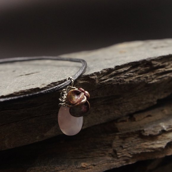 Light Pink Rose Quartz Stone Pendant with Sculpted Clay Detail on a Faux Leather - Picture 4 of 6
